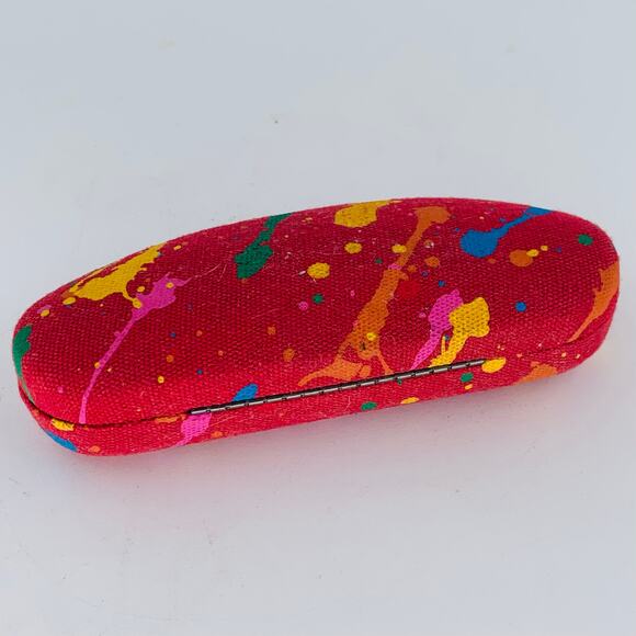 Eyeglass Case Hard Clam Shell Red Canvas Multicolor Splatters Velvet Interior - Picture 4 of 6